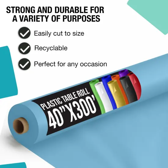 Exquisite Plastic Table Cover Roll &ndash; 40" x 300' Disposable Tablecloth Roll &ndash; Premium Thick 0.5 MIL Plastic Banquet Roll &ndash; Party Table Cover Roll for Events & Catering Sky Blue {2}