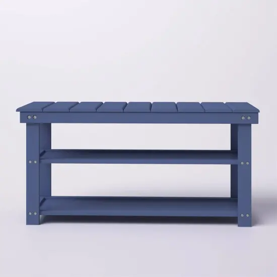 Wooden Shoe Rack Bench with Two Storage Shelves and 2-Seater Design for Entryway or Hallway Blue {3}