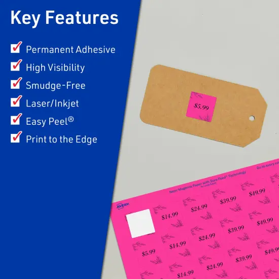 Avery Neon Magenta Paper Labels, 1.5" x 1.5" Square {2}