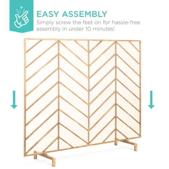 Best Choice Products 38x31in Single Panel Handcrafted Iron Chevron Fireplace Screen w/ Distressed Finish Gold {5}