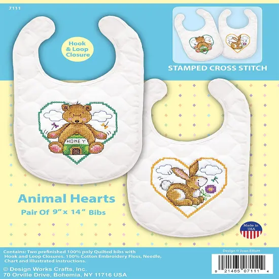 Design Works Stamped Bib Cross Stitch Kit 9"X14" 2/Pkg-Animal Hearts {1}