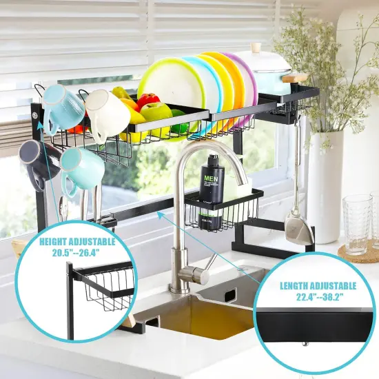 Adjustable Over The Sink Dish Rack Stainless Steel Kitchen Organizer with Removable Utensil Hooks, Rust-Proof Design for Small Spaces {6}