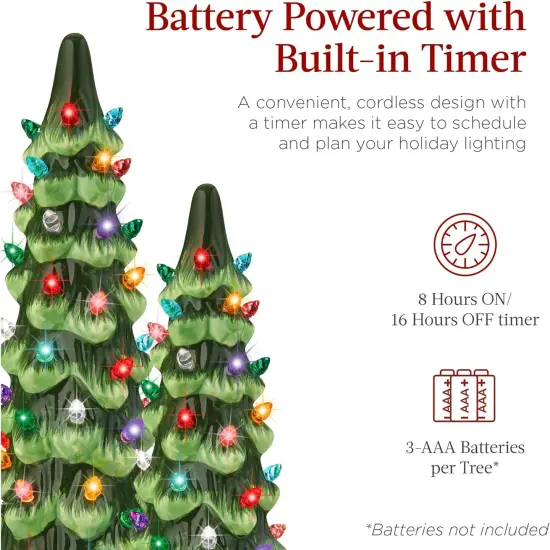 Set of 3 Ceramic Christmas Trees Pre-Lit Tabletop D&eacute;cor with LED Lights Green W {4}