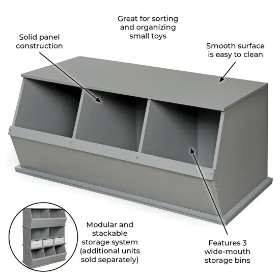 Badger Basket Three Bin Stackable Storage Cubby Gray {3}