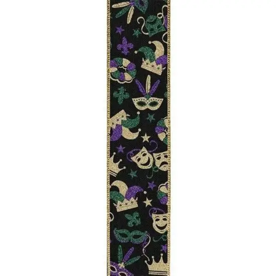 1.5" Mardi Gras Pattern Ribbon: Black (10 Yards) {2}