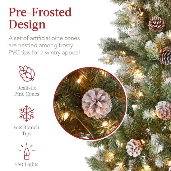 Best Choice Products Pre-Lit Partially Flocked Pencil Christmas Tree w/ Pine Cones, Foldable Stand {2}