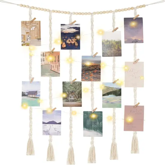 Macrame Hanging Photo Display Wall Decor with String Lights, 30 Clips for Bedroom {1}
