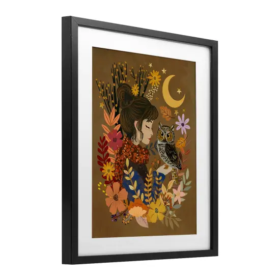 Autumn Owl & Girl Framed Print Under Glass Art Black {3}