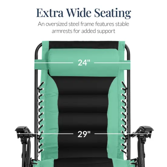 Best Choice Products Oversized Padded Zero Gravity Chair, Folding Outdoor Patio Recliner w/ Side Tray Seafoam Green/Black {3}