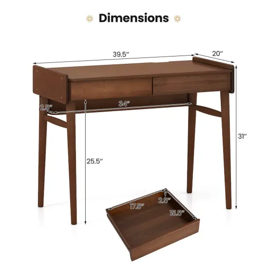 Costway Bamboo Writing Desk 39.5" Computer Study Desk with 2 Storage Drawers & Open Shelf {8}