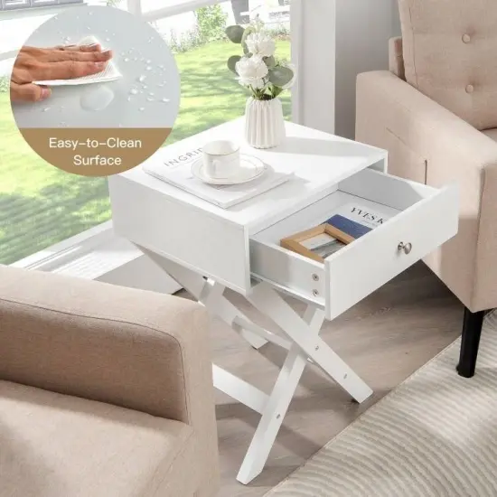 X-Shape 1 Drawer Nightstand White End Table with Storage for Bedroom {2}