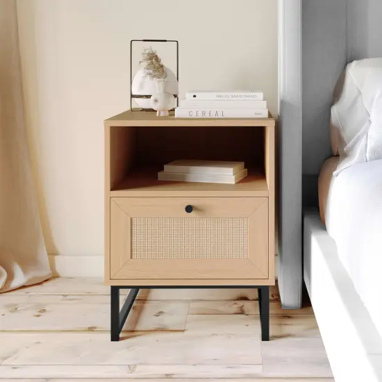 Merrick Lane Burkett Mid-Century Modern Wooden Bed Side Table/Nightstand with Drawer and Shelf Natural {1}
