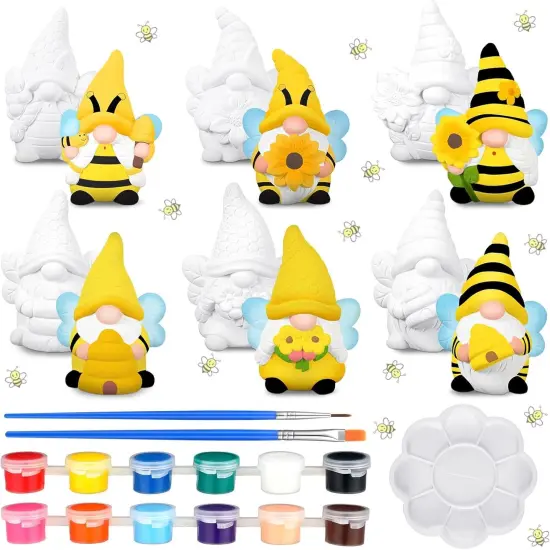 6 Sets Ready to Paint Your Own Bee Gnome Statues DIY Ceramics Bee Sunflower Garden Paintable Gnome {6}