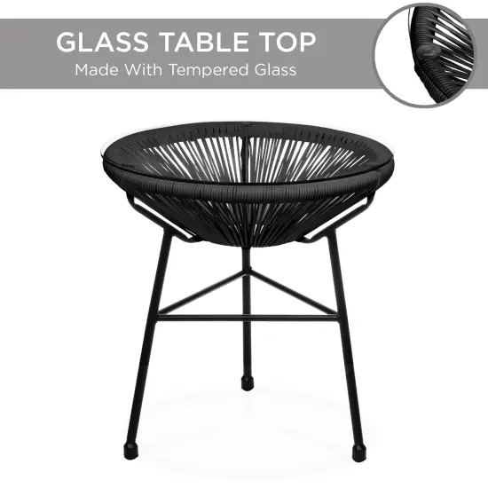 Best Choice Products 3-Piece All-Weather Patio Acapulco Bistro Furniture Set w/ Rope, Glass Top Table Black {5}