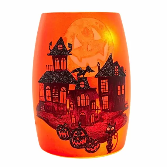 Stony Creek 5.5 Inch Spooky Neighborhood Pre-Lit Small Vase Halloween Lighted Glass Accent , Halloween Decor Halloween Haunted House Moon MULTI {5}
