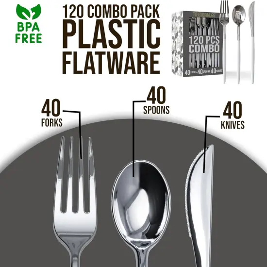 Trendables Disposable Silverware Set - Wedding Plastic Cutlery Dinnerware - Includes two toned Forks, Plastic Spoons, two colored Knives - reflective Plastic Utensils Party Set {4}