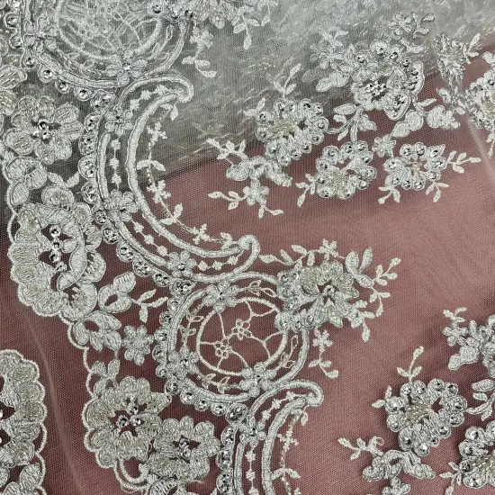 1 Yard White Beaded & Corded Bridal Lace Fabric, 51" Wide Embroidered Polyester Mesh Ivory {3}