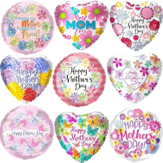 Mothers Day Balloons Kit 18'' Happy Mother’s Day Foil Balloons Flower Aluminum Balloons Set for Mothers Day Party Decoration Birthday Holiday Celebration Supplies (9Pcs) {1}