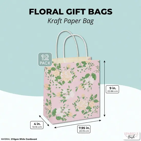 Small Floral Kraft Gift Bags with Handles in 4 Colors (8 x 9 x 4 in, 12 Pack) Multicolor {2}