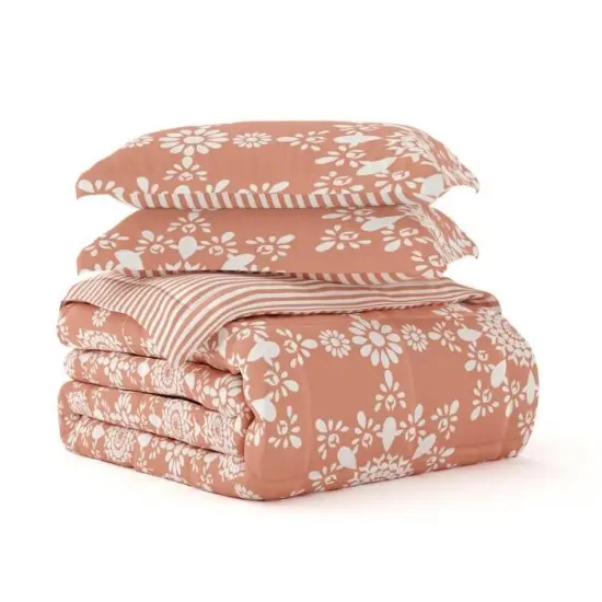 Reversible Daisy Medallion Striped Comforter Set Down Filled Microfiber with Pillow Shams {7}