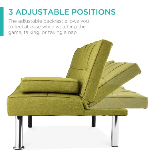 Best Choice Products Modern Linen Convertible Futon Sofa Bed w/ Removable Armrests, Metal Legs, Cupholders Chartreuse {2}