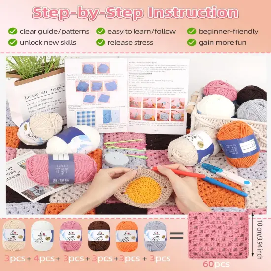 Granny Squares Crochet Blanket Kit for Beginners Easy Crochet Starter Kit with Enough Yarn Detailed Instruction {3}