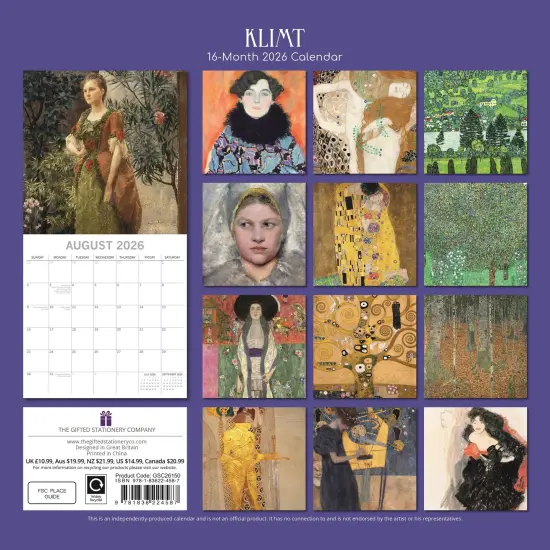 The Gifted Stationary 2026 Square Wall Calendar, Klimt, 16-Month Arts & Antiques Theme with 180 Reminder Stickers (12x12 In) Multicolor {4}