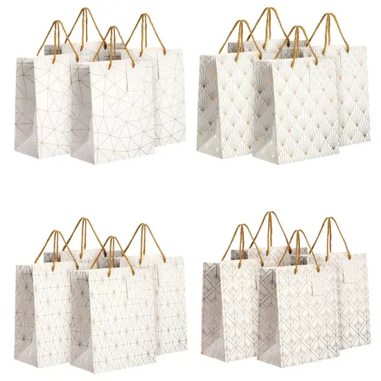 16-Pack Medium White and Gold Gift Bags with Handles & Tags for Weddings Baby Bridal Showers Birthday Party Favors, 4 Geometric Foil Designs (8 x 10 x 4.5 Inch) {1}