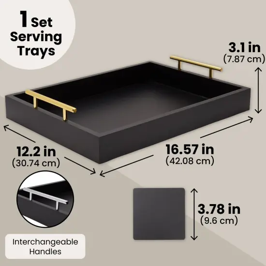 Black Serving Tray for Coffee Table, 16x12" with Coasters, Decorative Interchangeable Gold andSilver Handles {6}
