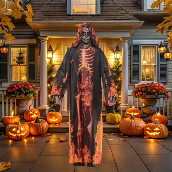 Boy's Underworld Skeleton Robe Costume with Hooded Flame Print {3}