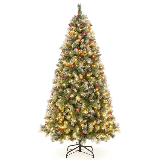 Costway 5FT/6.5FT/7.5FT Artificial Christmas Tree Hinged with 200/420/560/650 Warm LED Lights & 126/207/267/309 Red Berries {8}