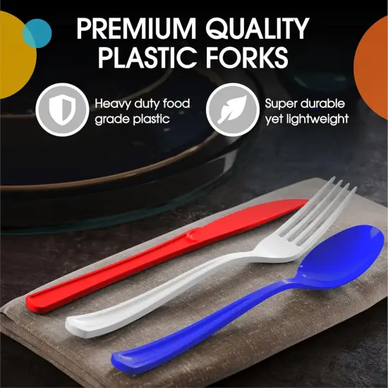 Exquisite Polished Plastic Silverware &ndash; 150 Pcs Heavy Duty Cutlery Set &ndash; 50 Each of Forks, Knives & Spoons &ndash; Disposable Utensil Set for Parties, Events & Catering &ndash; Flatware Set by Party Solids Patriotic {4}
