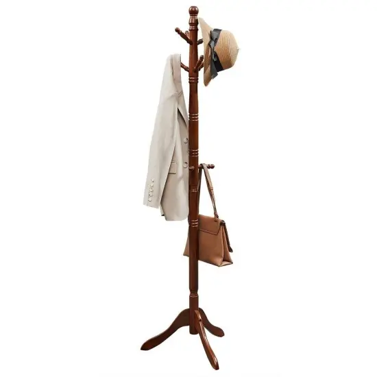 Adjustable Height Solid Wood Coat Rack Stand with 10 Hooks for Entryway Living Room and Office Dark Brown {5}