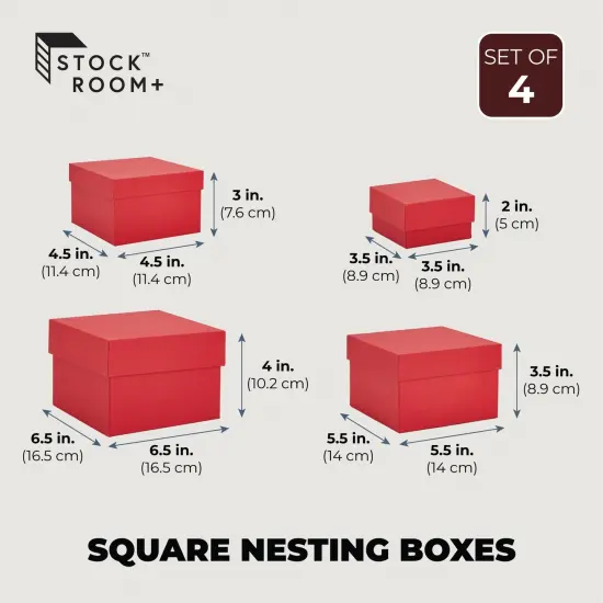 Stockroom Plus Set of 4 Sizes Square Nesting Gift Boxes with Lids for Presents, Stacking Decorative Goodie Box for Holidays, Wedding, Birthday, and Party Favors (Red) {3}