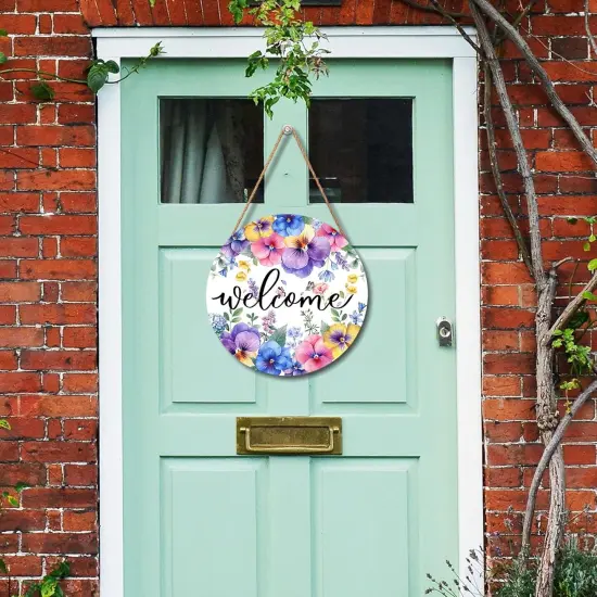 Pansy Flowers Butterfly Wooden Sign 12"x 12" Round Spring Hanging Door Sign Decoration {5}
