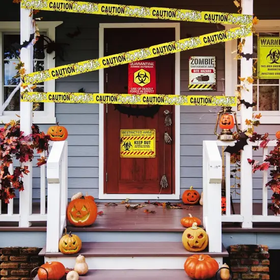 4E's Novelty Halloween Zombie Warning Signs with 20ft Caution Tape &ndash; 6 Pack 11x14 Creepy Posters for Indoor Outdoor Haunted House, Graveyard, Front Yard, Door, Wall, Garden, Balcony Party Decor {2}