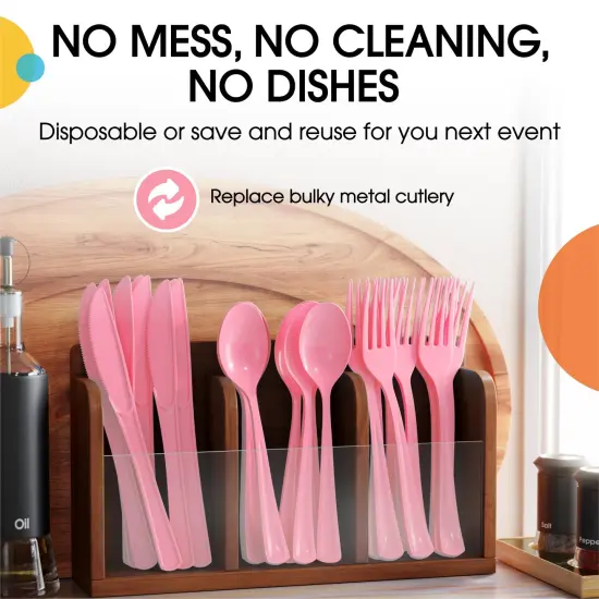 Exquisite Polished Plastic Silverware &ndash; 150 Pcs Heavy Duty Cutlery Set &ndash; 50 Each of Forks, Knives & Spoons &ndash; Disposable Utensil Set for Parties, Events & Catering &ndash; Flatware Set by Party Solids Pink {5}