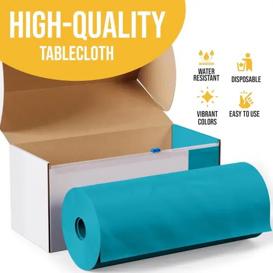 Exquisite Party Solids 54" x 100' Plastic Table Cover Roll with Slide Cutter &ndash; Cut-to-Size Dispenser Box &ndash; Makes Up to 36 Disposable 8' Rectangle Tablecloths Turquoise {5}