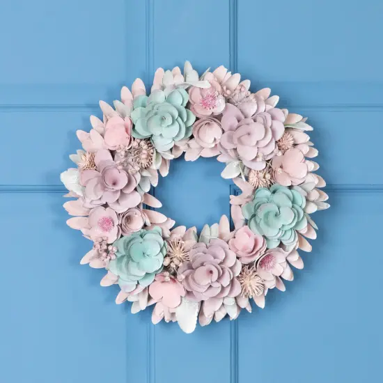 Northlight Wooden Floral Artificial Spring Wreath with Thistles- 13.5" - Pink and Blue {1}