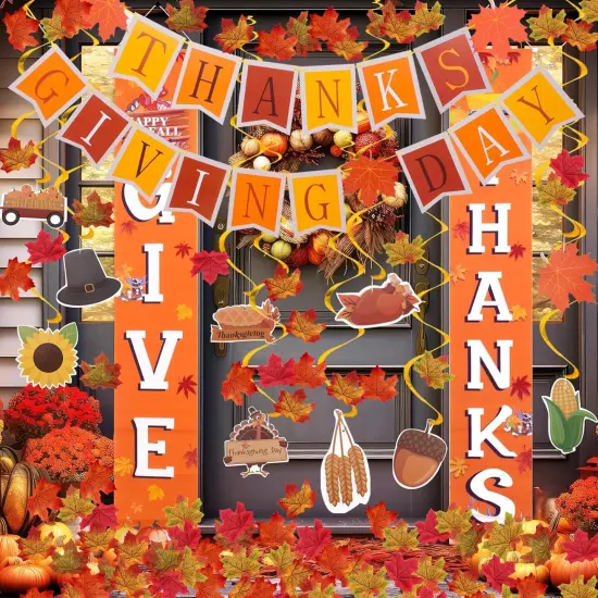 THANKS GIVEING DAY Banner Hanging Swirls Fall Leaves {3}