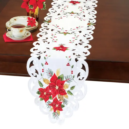 Collections Etc PoinEmbroidered Poinsettia Bouquet Festive Table Linenssettia Bouquet Table Topper {2}