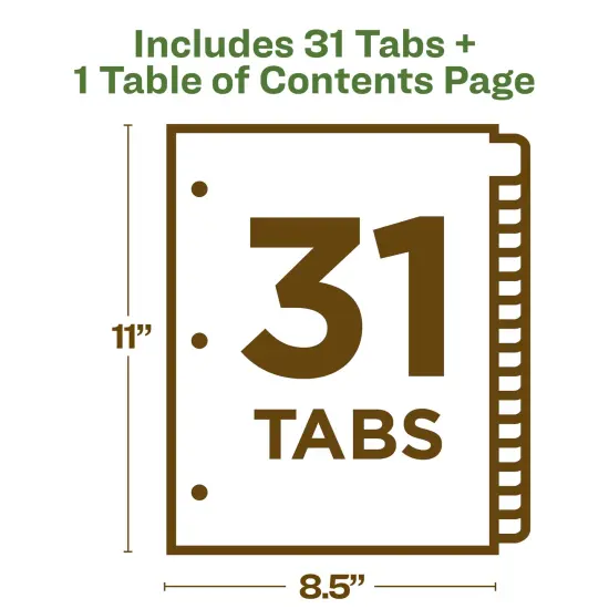 Avery EcoFriendly Recycled 1-31 Dividers for 3 Ring Binders, 31 Tabs per Set, Customizable Table of Contents, Multicolor Tabs (11084) {6}