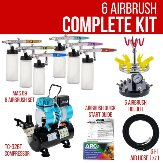6 HI-FLOW All-Purpose Precision Dual-Action Siphon Feed Airbrushes with High Performance Airbrush Air Compressor with Air Storage Tank {2}