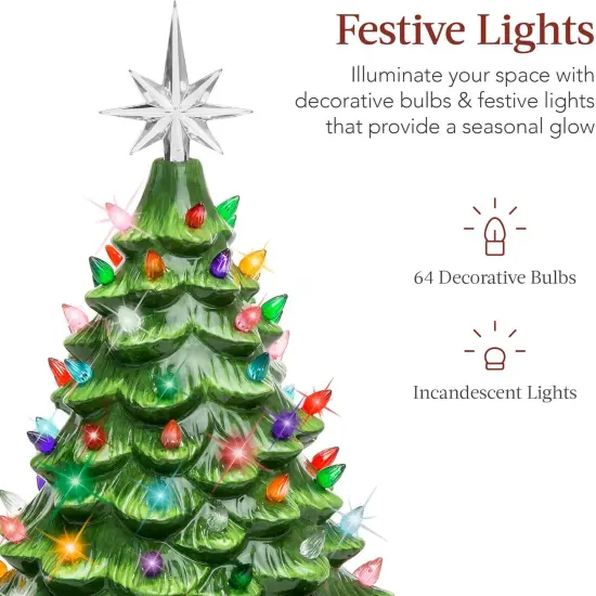 15in Ceramic Christmas Tree Pre-Lit Tabletop Holiday Tree with Star Topper and Multicolored Bulbs Green W {3}