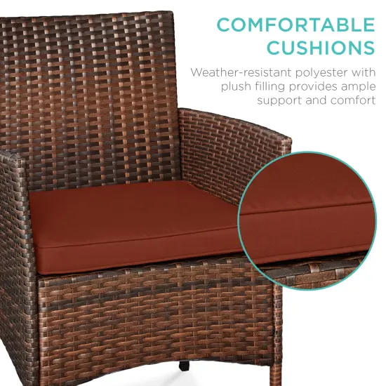 Best Choice Products 3-Piece Outdoor Wicker Conversation Patio Bistro Set, w/ 2 Chairs, Table Brown/Dark Rust {4}