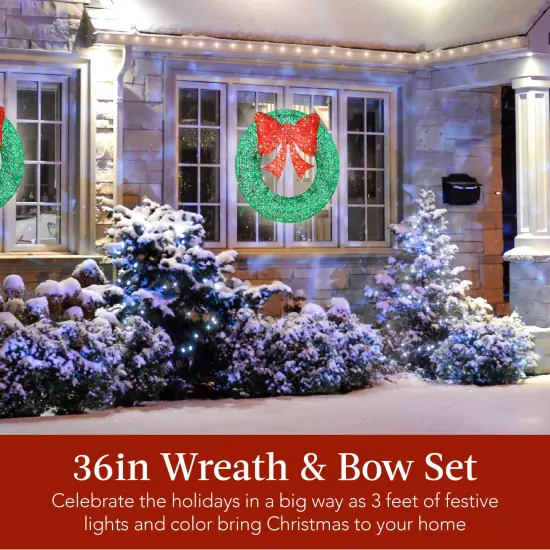 Best Choice Products 36in Pre-Lit Outdoor Christmas Wreath, LED Metal Holiday Décor w/ 120 Lights, Bow Green/Red {2}