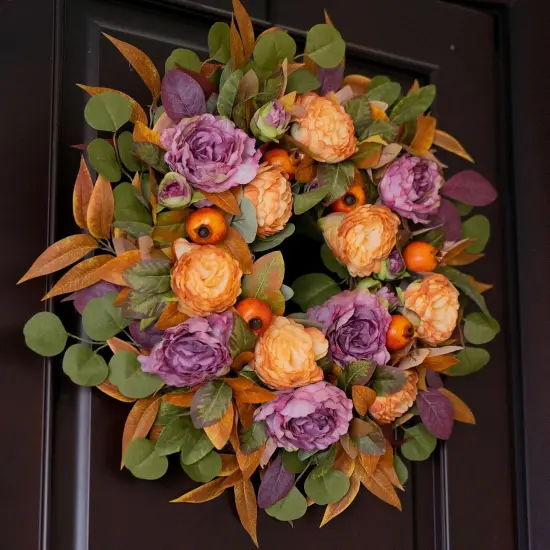 Autumn Wreath with Peony, Maple Leaves, Berries Fall Wreath {5}