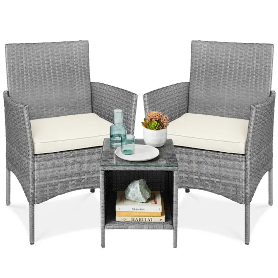 Best Choice Products 3-Piece Outdoor Wicker Conversation Patio Bistro Set, w/ 2 Chairs, Table Gray/Gray {7}