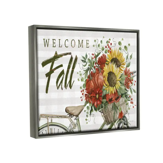 Welcome Fall Autumnal Flower Assortment Bicycle Basket Floating Frame Canvas Art Gray {3}