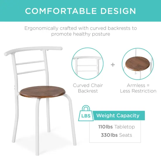 Best Choice Products 3-Piece Wood Dining Room Round Table & Chairs Set w/ Steel Frame, Built-In Wine Rack White/Brown {4}